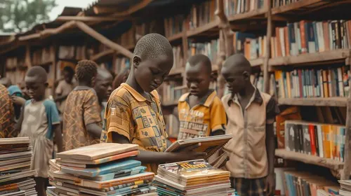 Enfants lisant dans un espace de livres, pour illustrer les projets de médiathèques